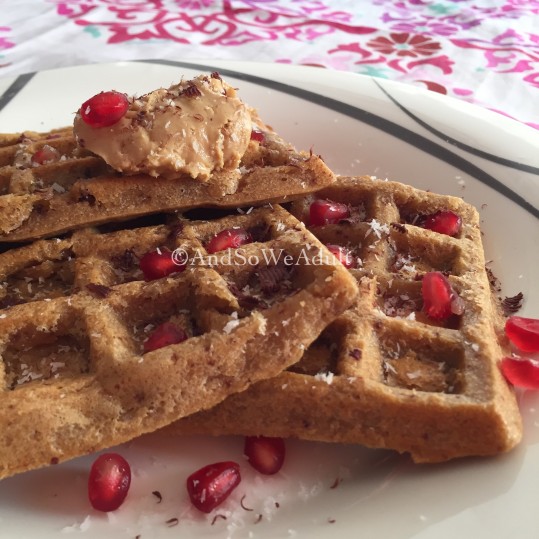 Orange-Chocolate Waffles with nut butter and pom pearls